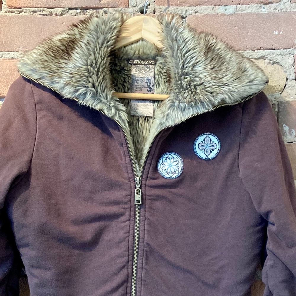 Groggy Brown Bomber Jacket wth Faux Fur Collar. Size: Medium.